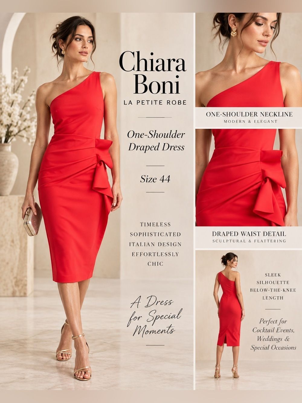Chiara Boni La Petite Robe Women's Red One Shoulder Draped Dress Size 44 NWOT